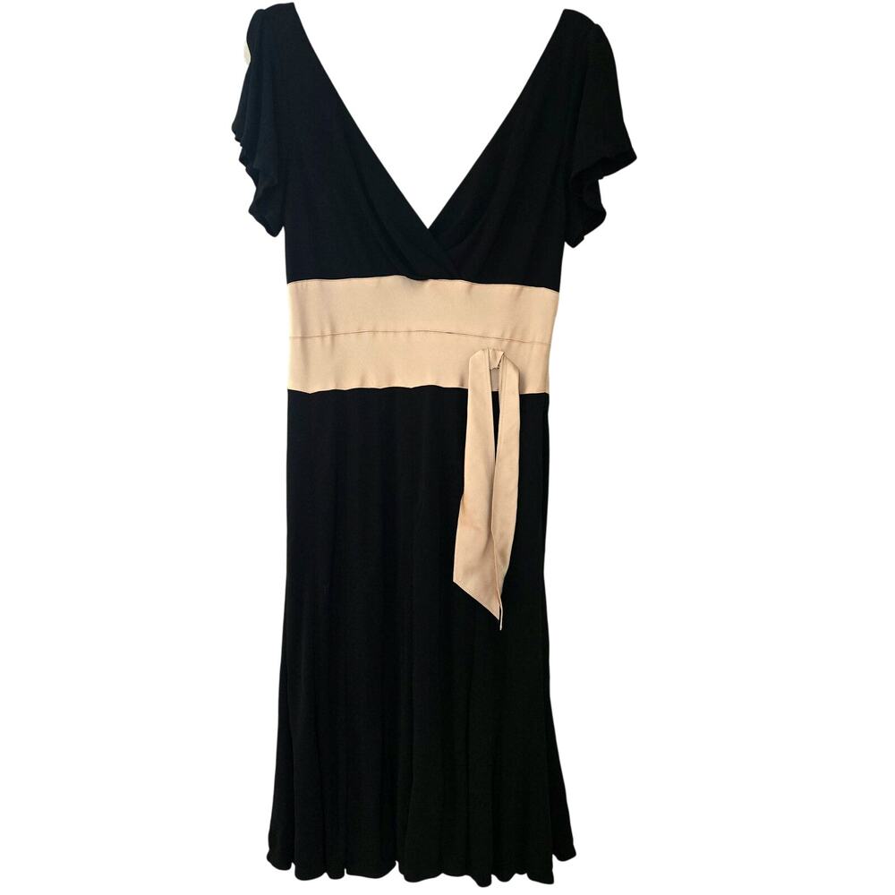 Kay Unger Black V-neck Cocktail Dress Champagne Color Tie Flutter Sleeve Size 12